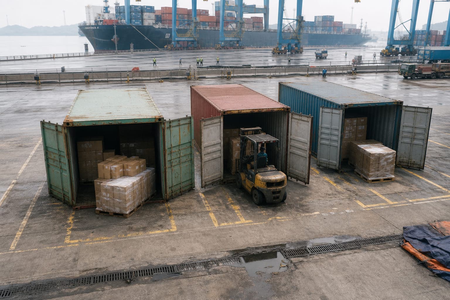 Three containers standing open in marked inspection bays on a port apron, cartons and pallets drawn out onto the concrete beside a forklift, with quay cranes and a berthed vessel behind