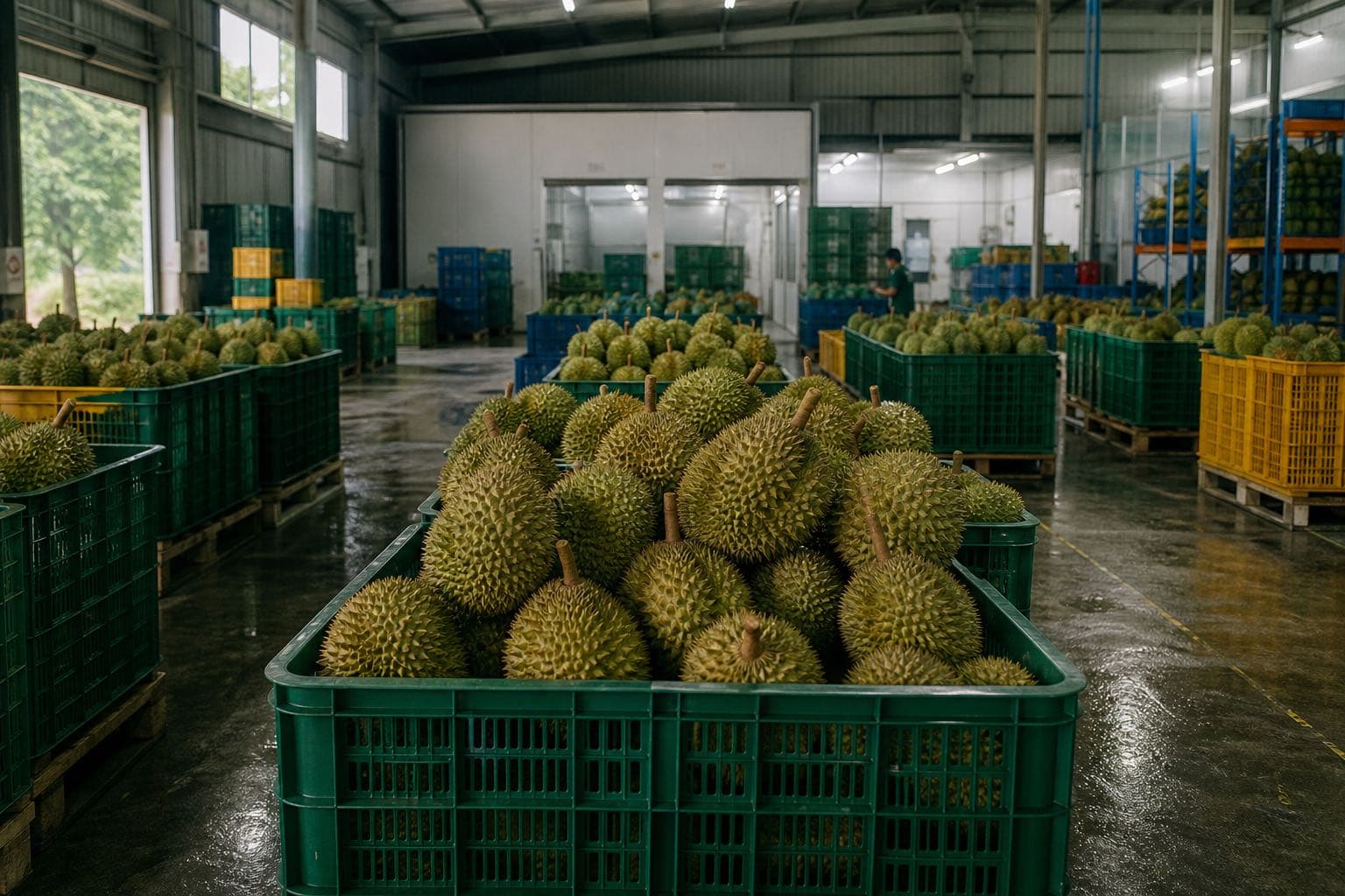 Sầu riêng tươi được đóng vào sọt nhựa tại xưởng sơ chế, chuẩn bị đưa vào kho lạnh xuất khẩu