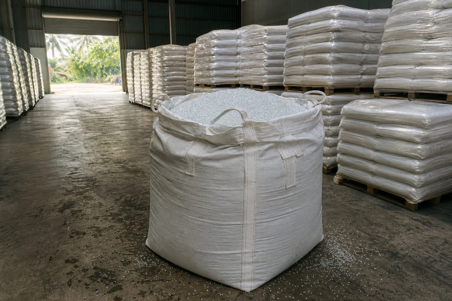 Bao jumbo chứa hạt nhựa PET trong suốt để mở giữa kho nhà máy, phía sau là các pallet bao 25 kg xếp cao