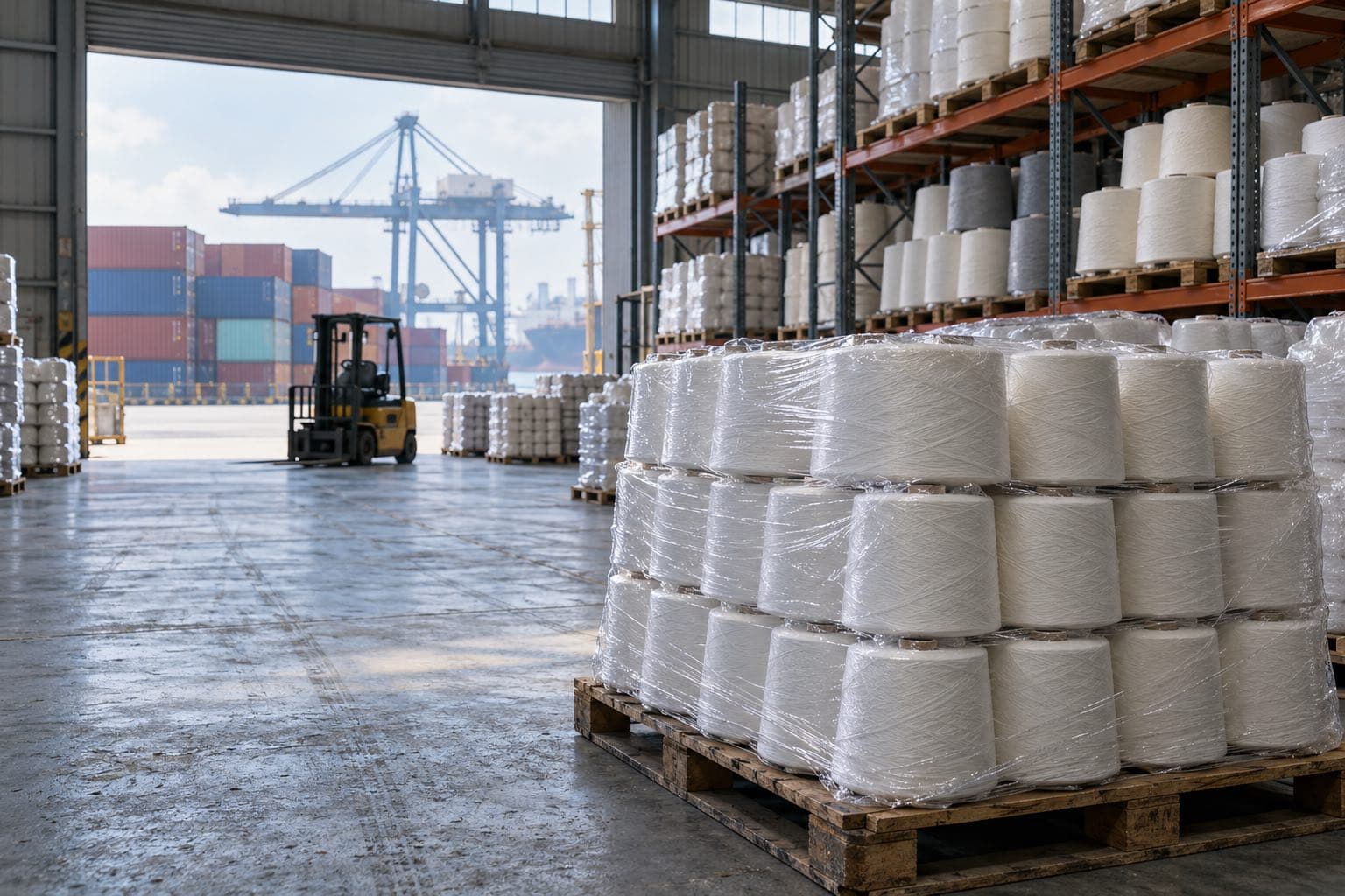 Pallet cuộn sợi polyester trắng quấn màng PE trong kho, kệ thép xếp bobbin sợi trắng và xám, cửa cuốn mở ra bãi container và cẩu bờ ngoài cảng.