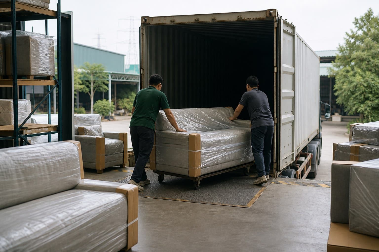 Ghế sofa bọc đệm quấn màng chống sốc được đẩy vào container tại kho xuất khẩu nội thất