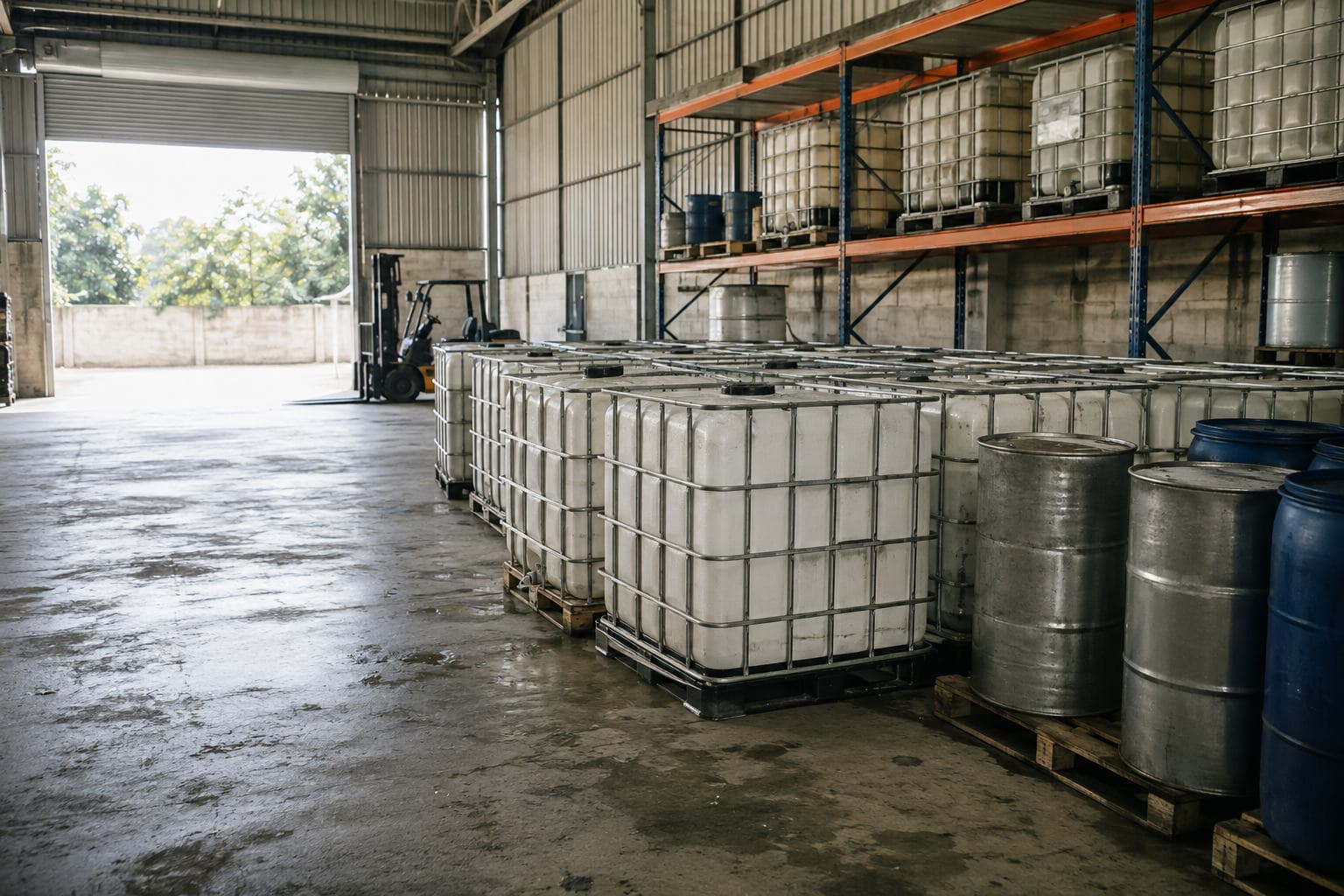 Bồn IBC đựng chất lỏng xếp trên pallet trong kho công nghiệp, bên cạnh là dãy phuy thép và phuy nhựa, cửa cuốn mở đón ánh sáng ban ngày