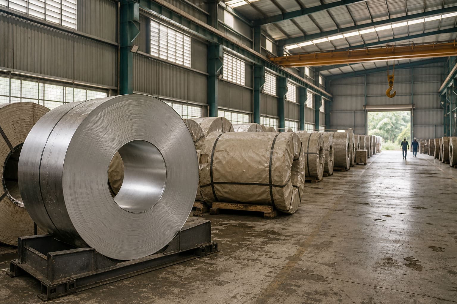 Cuộn thép không gỉ cán nguội xếp trên giá đỡ dọc lối đi kho trung tâm gia công thép, cầu trục chạy phía trên
