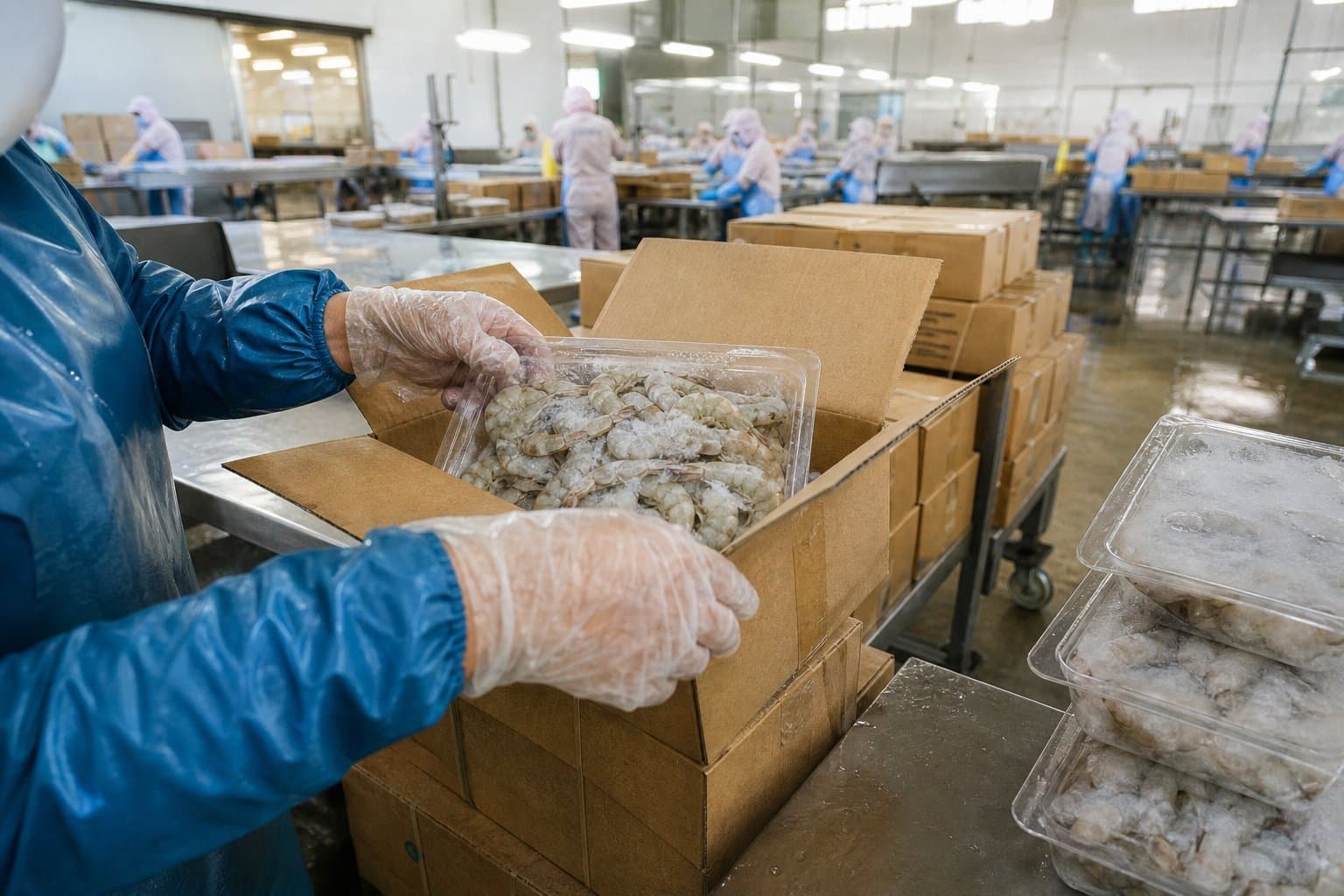 Công nhân đóng gói tôm đông lạnh vào khay nhựa và thùng carton tại nhà máy chế biến thủy sản xuất khẩu