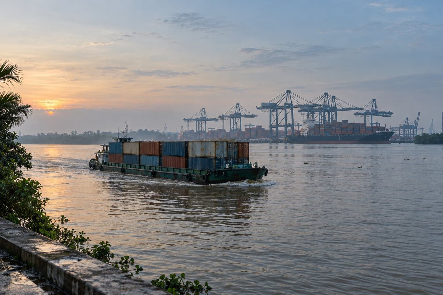 Sà lan chở container xuôi sông lúc rạng sáng, xa xa là cần cẩu bờ của một cảng nước sâu.