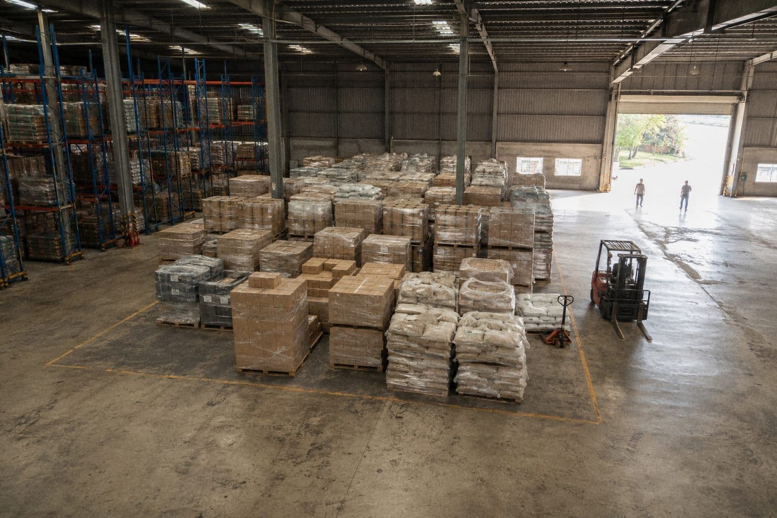 Khối pallet bọc màng co xếp thành lô trong ô sàn kẻ vạch vàng giữa kho, dãy kệ cao bên trái, cửa kho cuộn mở bên phải hắt nắng vào nền bê tông, xe nâng và xe kéo pallet đứng cạnh khối hàng