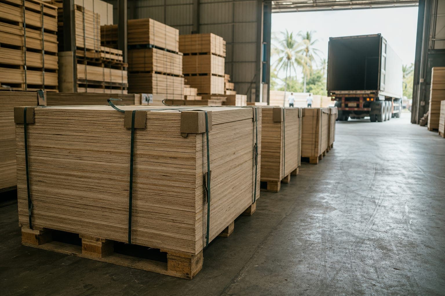 Kiện gỗ dán đóng đai trên pallet chờ xuất khẩu tại kho thành phẩm nhà máy ván ép, xe container đậu ở cửa dock