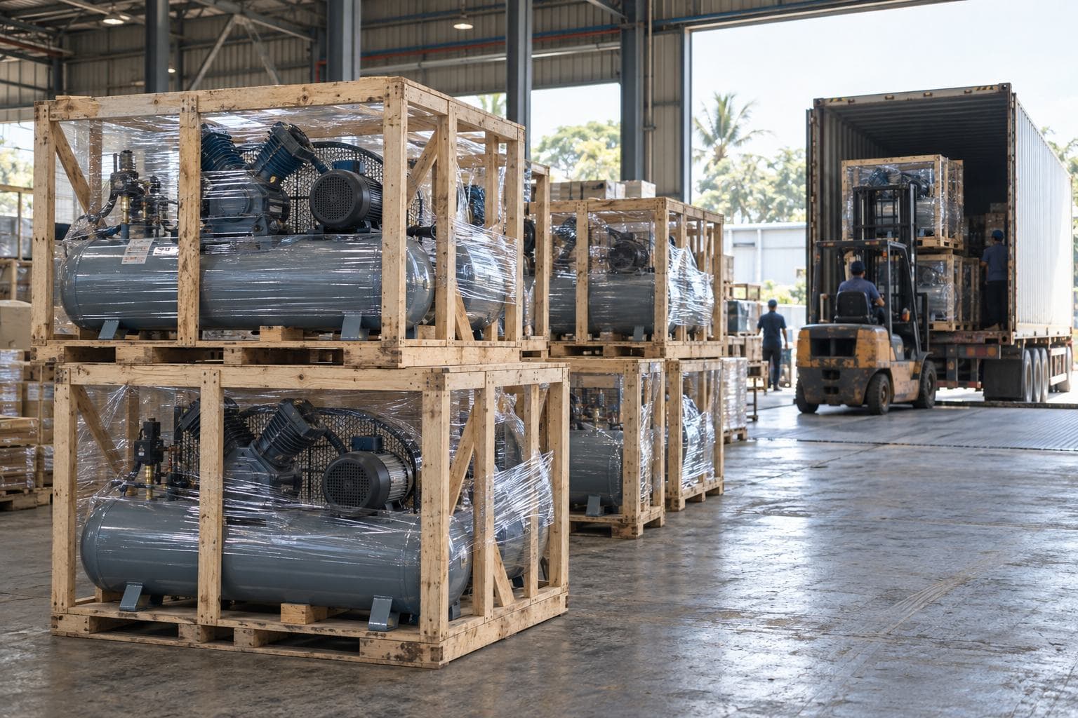 Crated air compressors wrapped in stretch film on pallets in a warehouse, with a forklift loading a 40-foot container