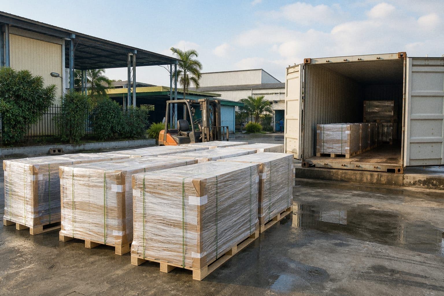 Các pallet hàng xuất khẩu bọc màng co xếp thành hàng trên sân bê tông ướt của nhà máy trong khu công nghiệp, xe nâng chờ bên cạnh, container mở cửa đã xếp được một phần