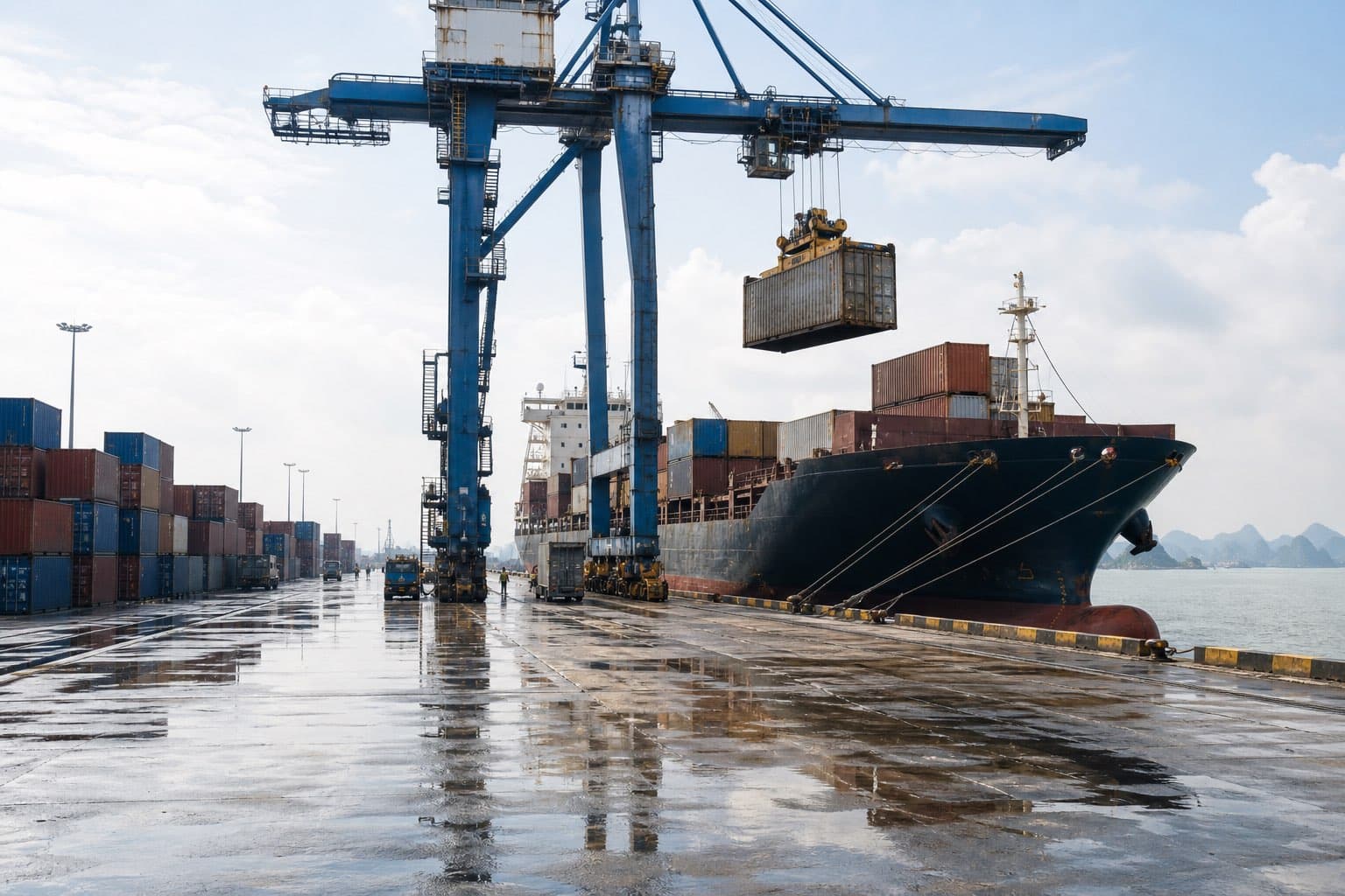 Cần cẩu giàn cẩu một container lên tàu đang cập cầu tại cảng biển Việt Nam, mặt bến còn ướt sau mưa, bãi container xuất xếp phía sau