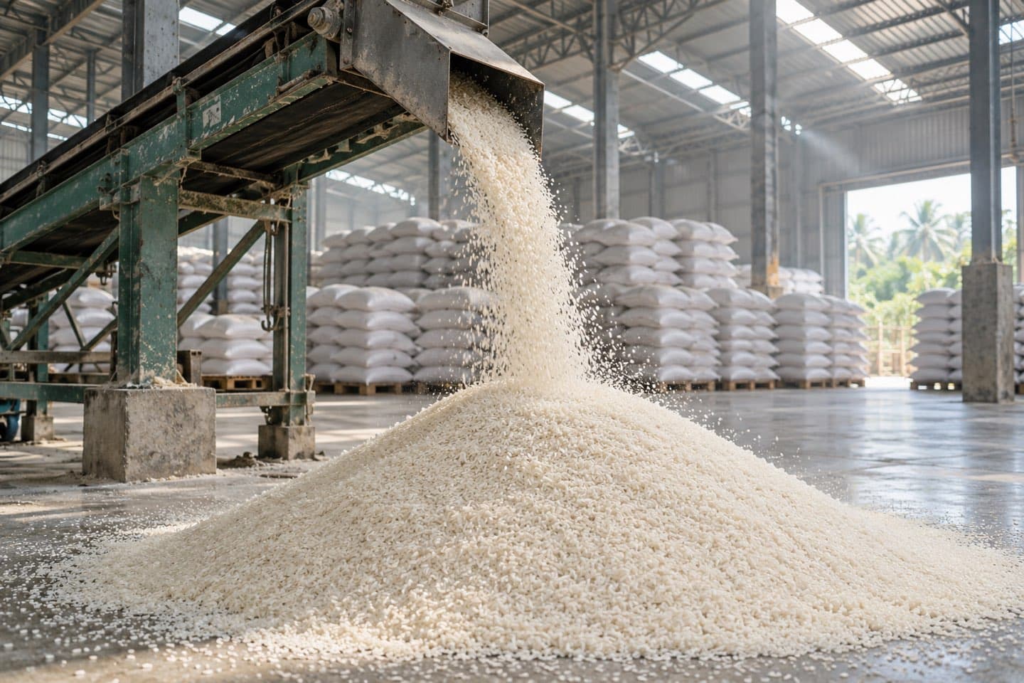 Milled white rice pouring from a conveyor chute onto a pile inside a dedicated storage warehouse at a Mekong Delta rice mill