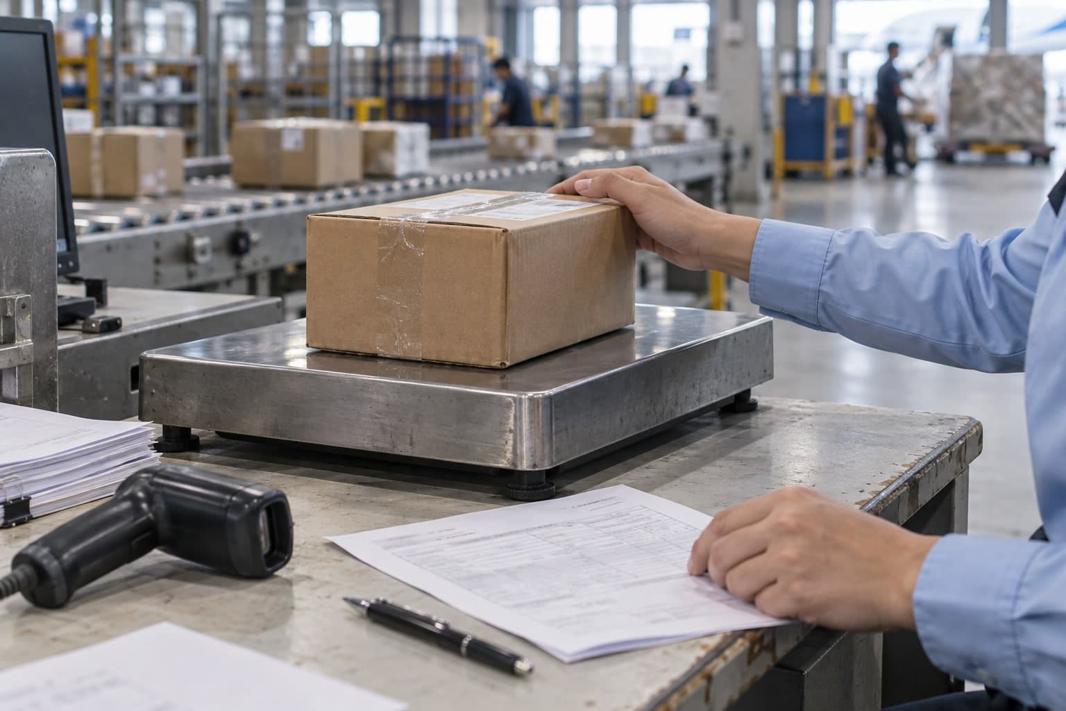 Documentation clerk checking a small express parcel on a scale inside an air cargo warehouse, customs declaration and barcode scanner beside it