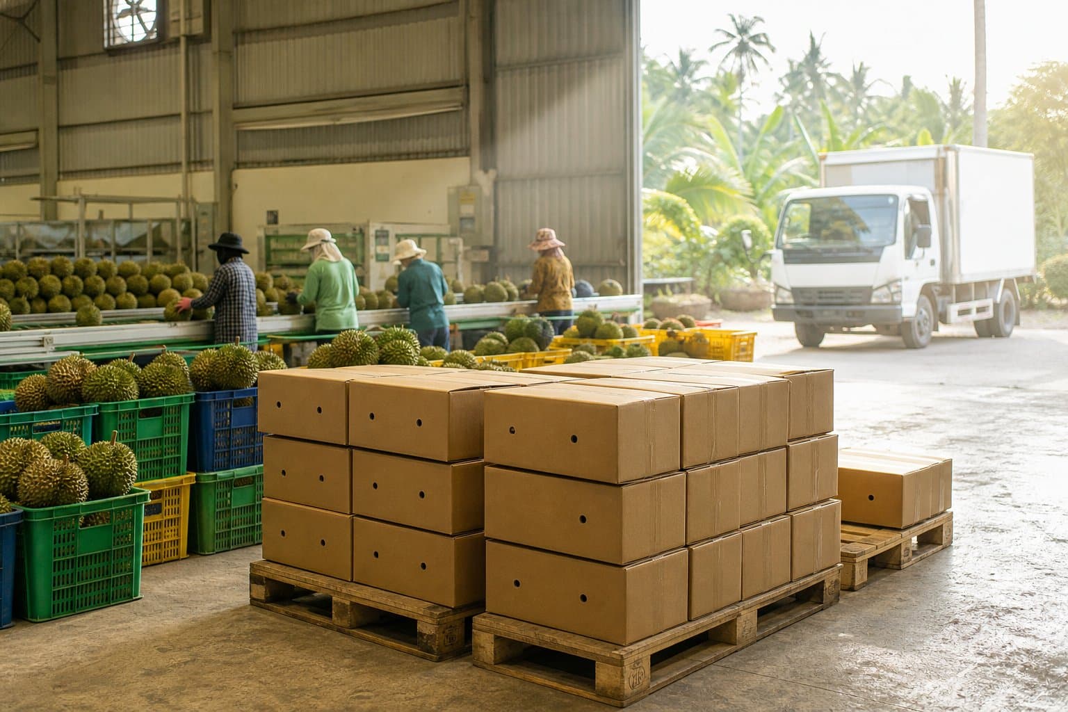 Xưởng đóng gói sầu riêng ở vùng nguyên liệu: dây chuyền phân loại, carton xuất khẩu trên pallet, xe tải chờ ngoài sân nắng