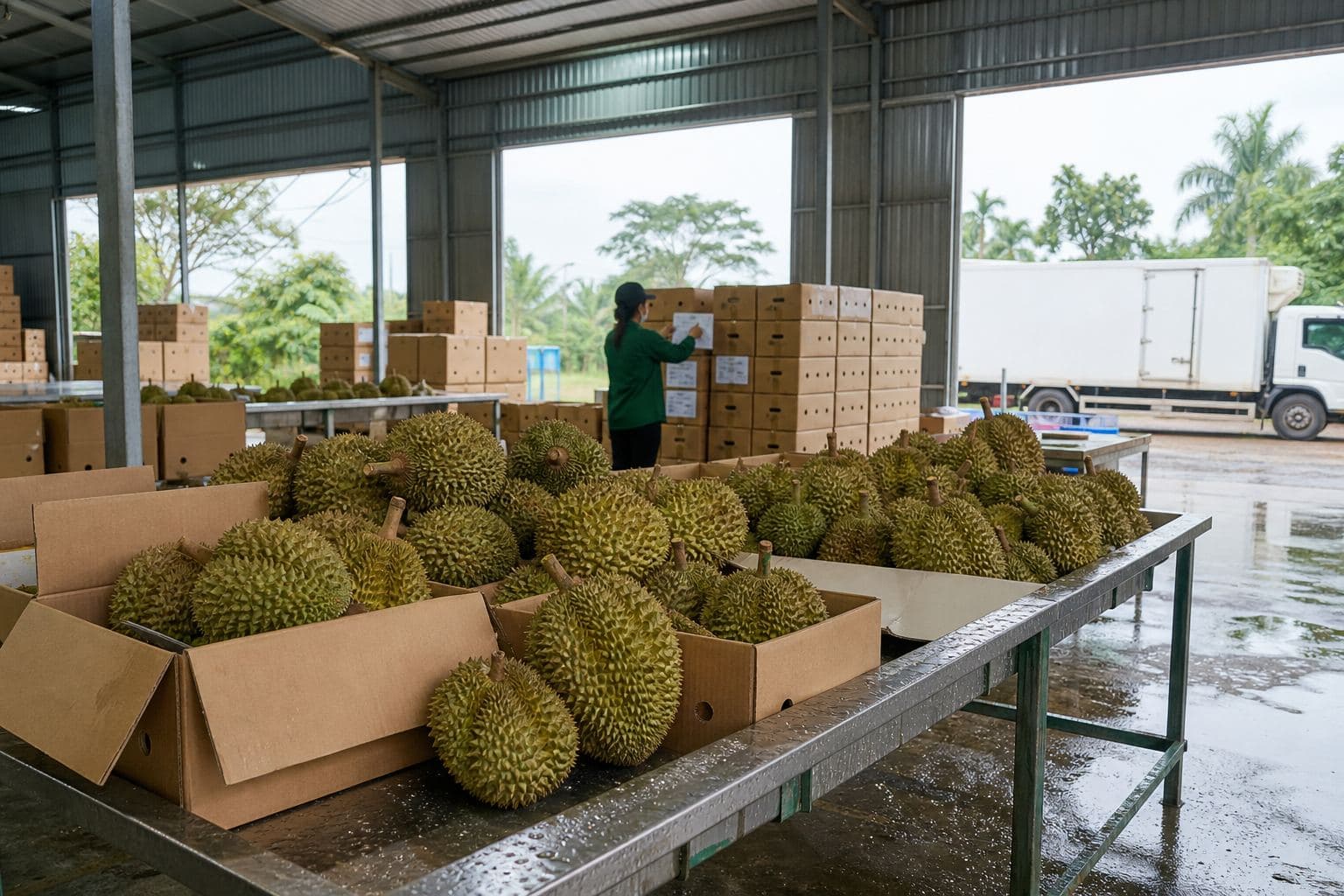 Công nhân đóng gói sầu riêng vào thùng carton xuất khẩu tại cơ sở đóng gói, dán tem mã số vùng trồng lên thùng hàng trước khi xếp lên xe lạnh