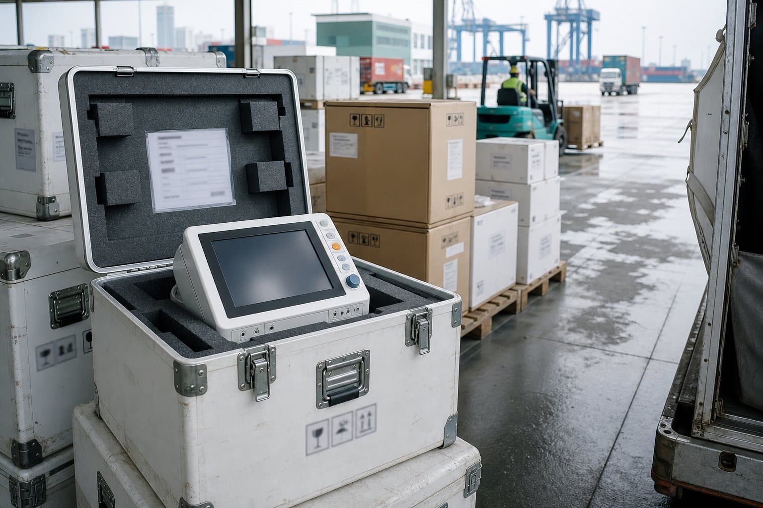 Thiết bị y tế trong kiện vận chuyển mở nắp lộ màn hình monitor đặt trong mút, tại kho ngoại quan sạch