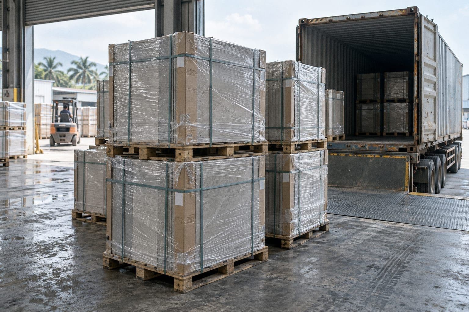 Stretch-wrapped pallets of large-format porcelain tiles stacked two high in a building-materials warehouse, with a half-unloaded 40-foot container at the dock door