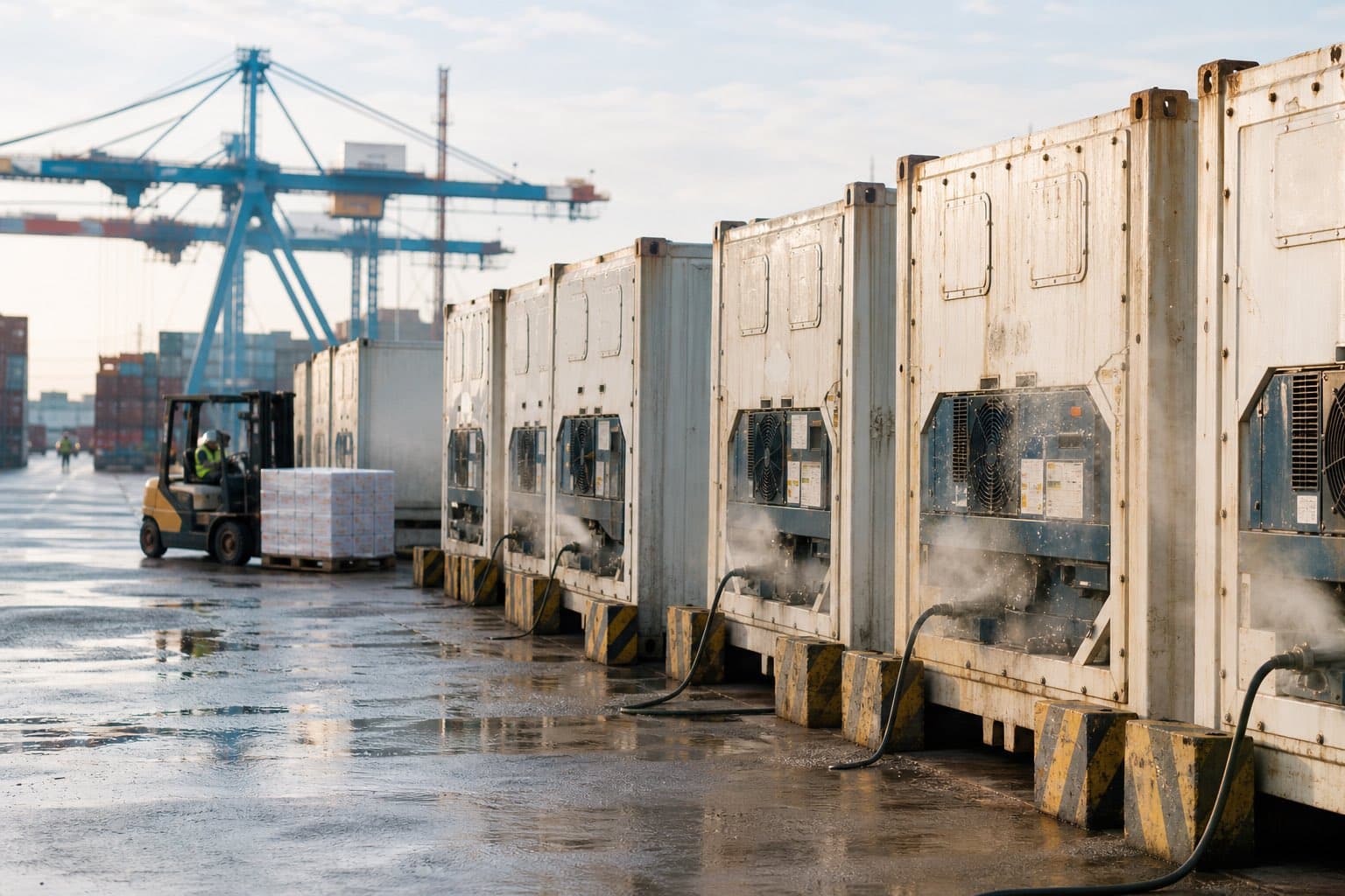 Dãy container lạnh cắm điện tại cảng biển, chờ xếp hàng thủy sản đông lạnh đi tuyến Mỹ