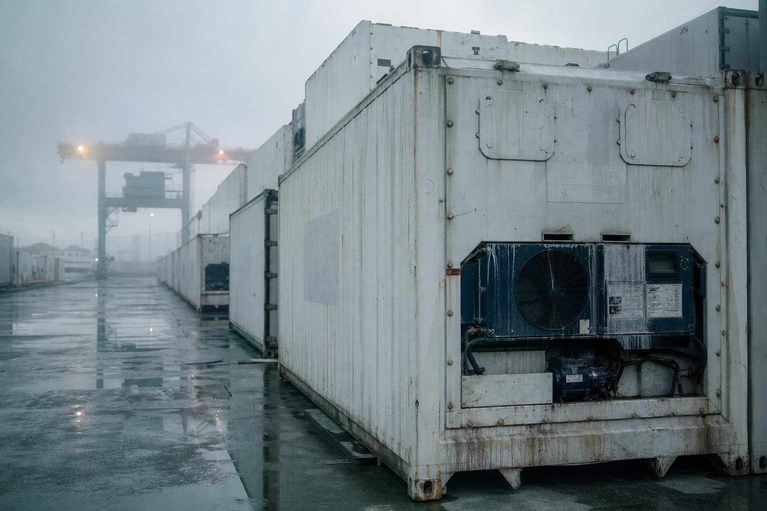 Dãy container lạnh cắm điện tại bãi cảng lúc rạng sáng, sương phủ nền bê tông ướt