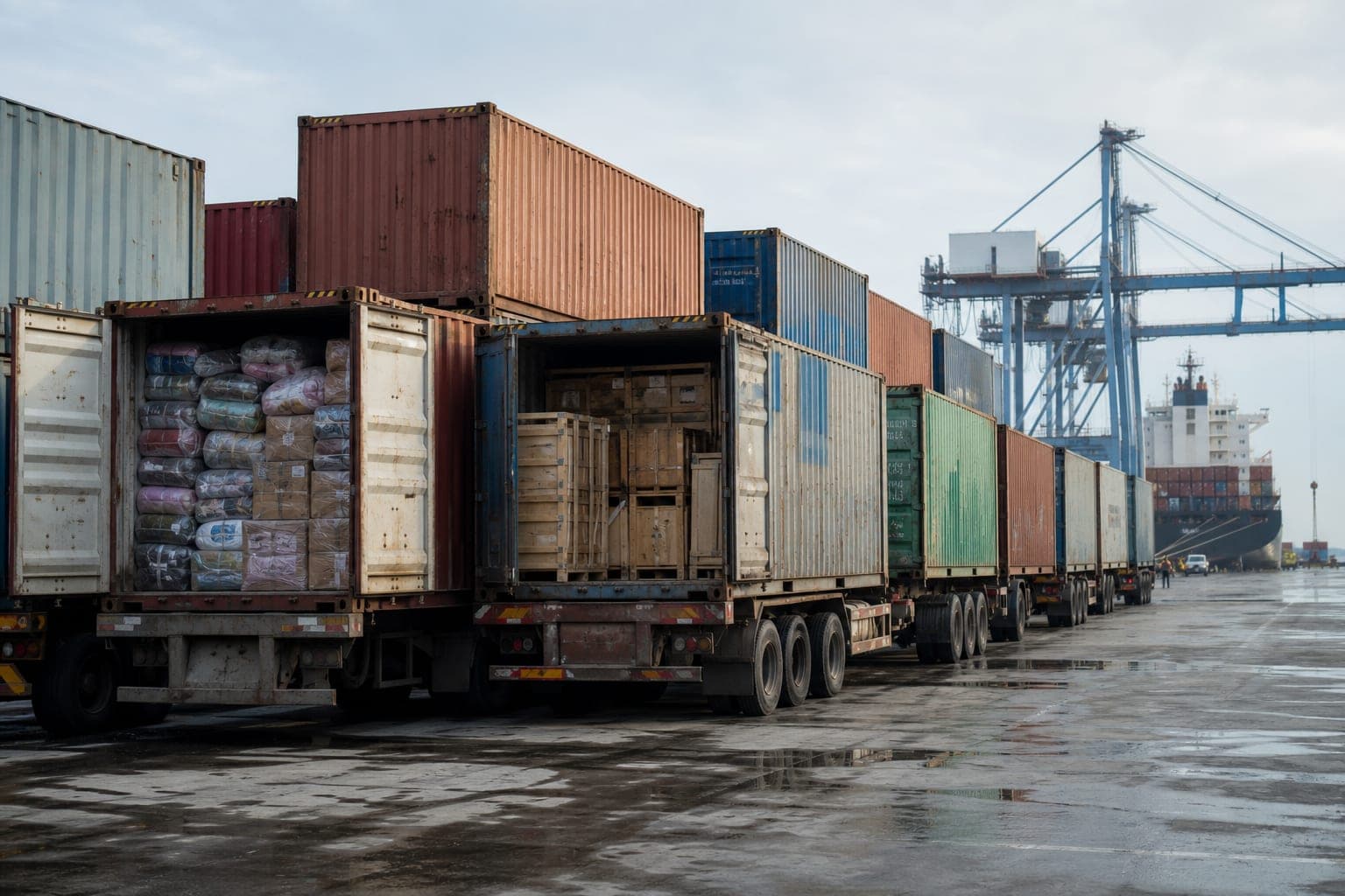 Container hàng dệt may và đồ gỗ xếp chờ thông quan tại cảng Việt Nam trước giờ lên tàu đi Mỹ