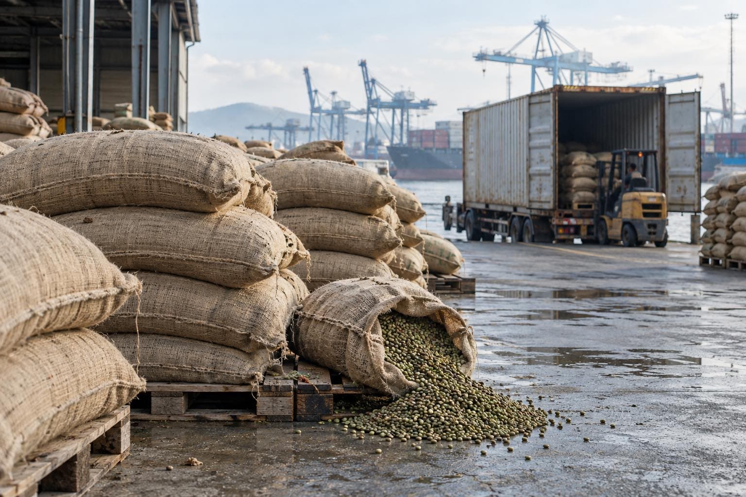 Jute sacks of green coffee on pallets at a port warehouse as a forklift loads a container for export.