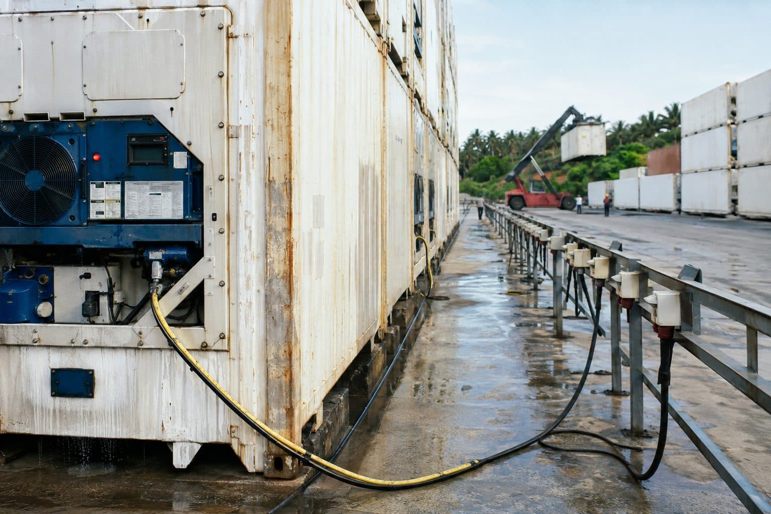 A reefer stack at a Vietnamese seaport, plugged containers lined up in early light with a reach stacker working behind them