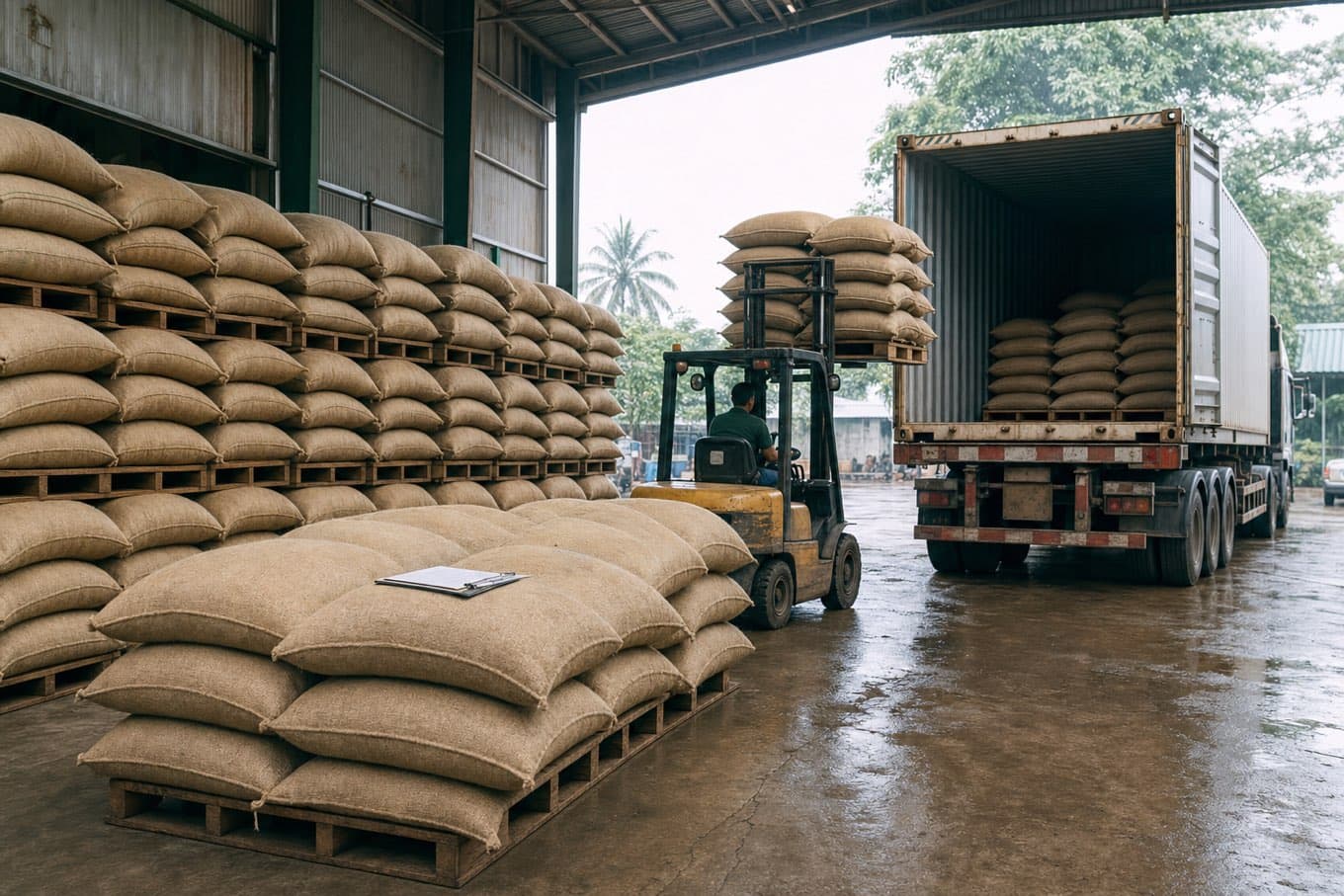 Bao đay hạt cà phê xanh xếp pallet trong kho, xe nâng đưa hàng lên container chờ xuất đi châu Âu