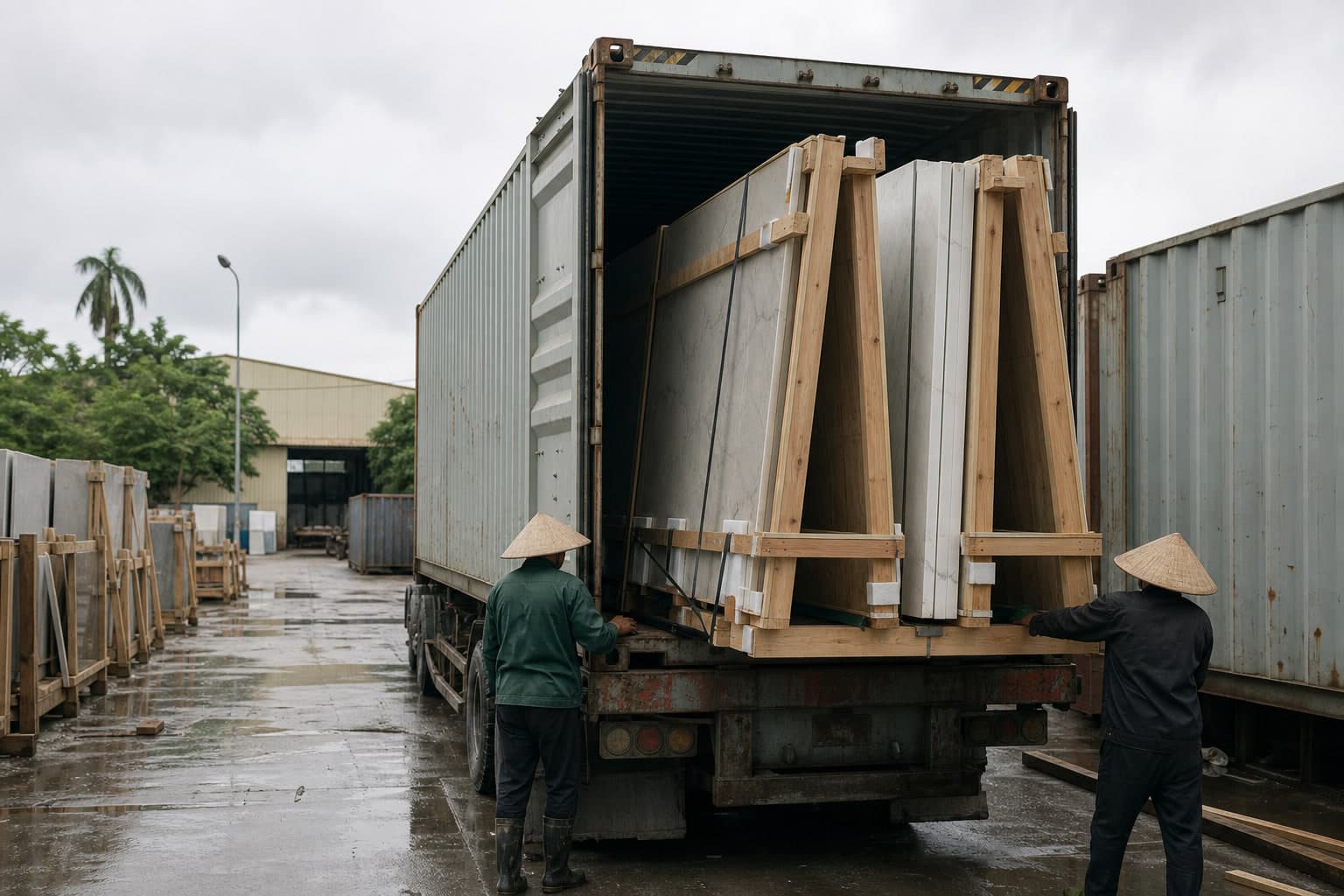 Hai công nhân đưa kiện tấm đá đóng khung gỗ vào container tại bãi xuất hàng của nhà máy đá, sân bê tông còn ướt sau mưa
