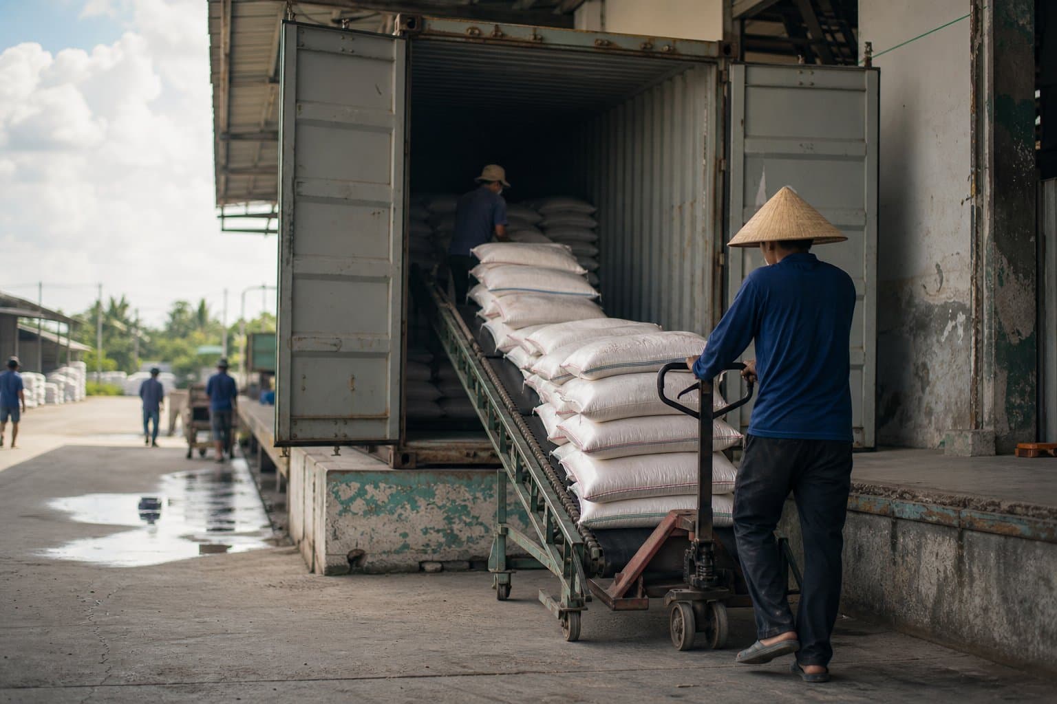 Công nhân đóng bao gạo xuất khẩu tại kho, xếp lên container chờ vận chuyển đường biển sang Philippines