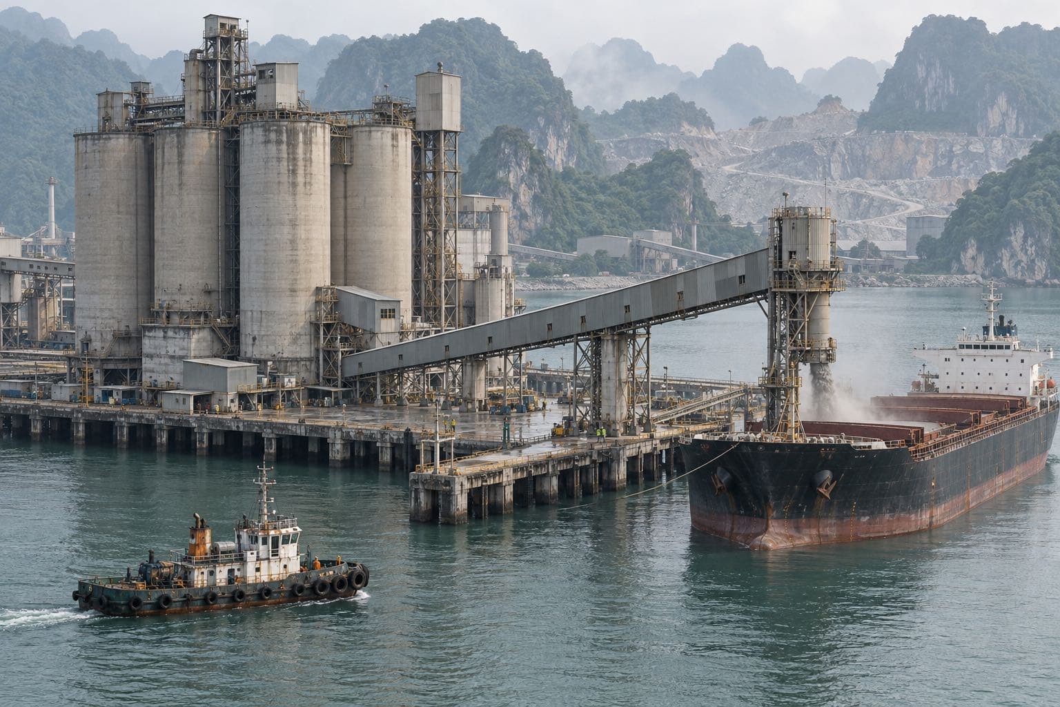 Nhà máy xi măng ven biển rót hàng xuống tàu hàng rời qua băng tải