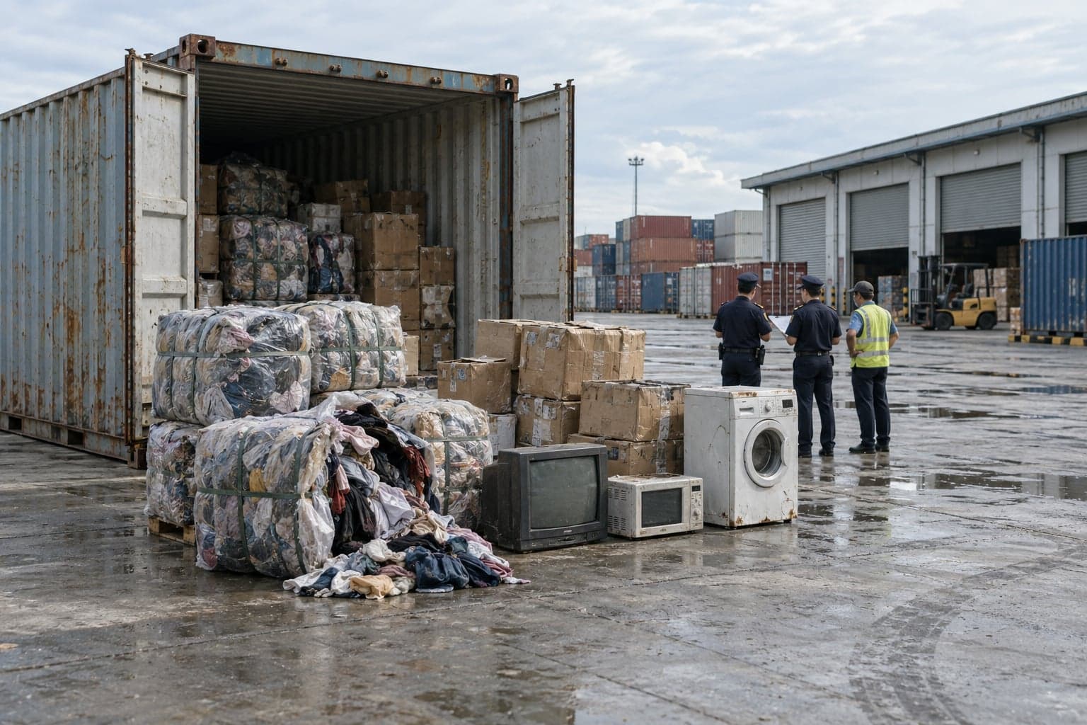 Container mở cửa tại bãi kiểm hóa cảng, kiện quần áo cũ và đồ điện gia dụng đã qua sử dụng được kéo ra sân để hải quan kiểm tra