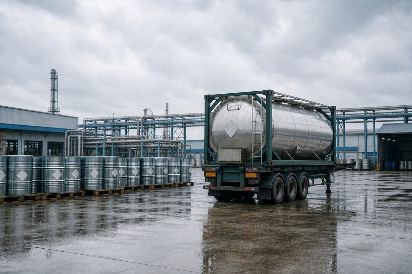 ISO tank and chemical drum yard at a Vietnamese port, imported industrial ethanol