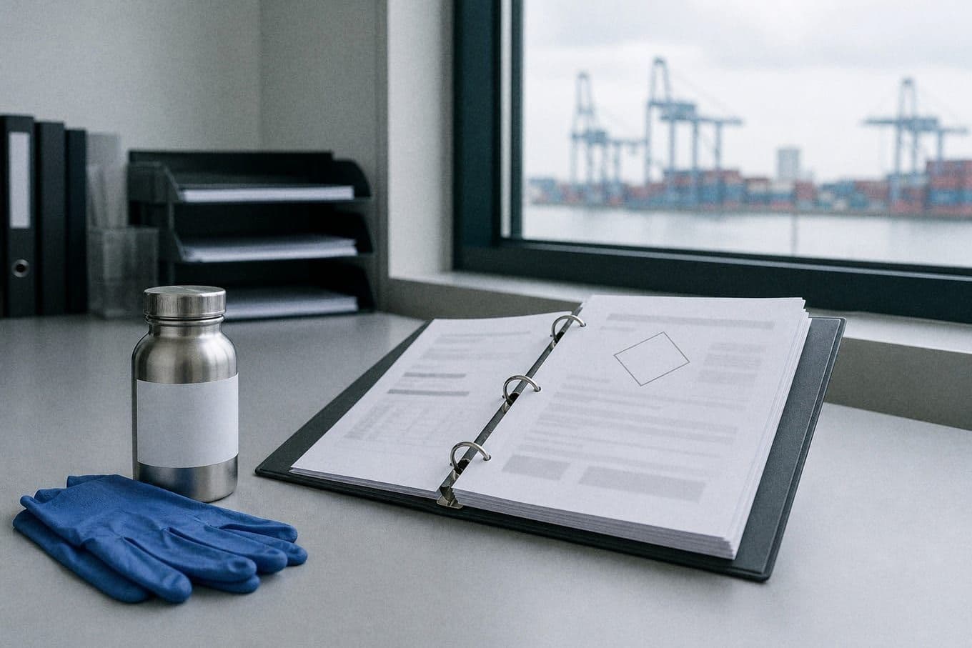 Chemical documentation desk with MSDS binder and steel sample bottle at a forwarder office