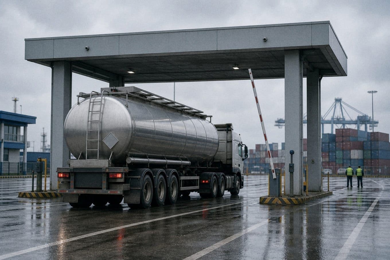 Chemical tanker truck passing a container terminal gate after customs clearance