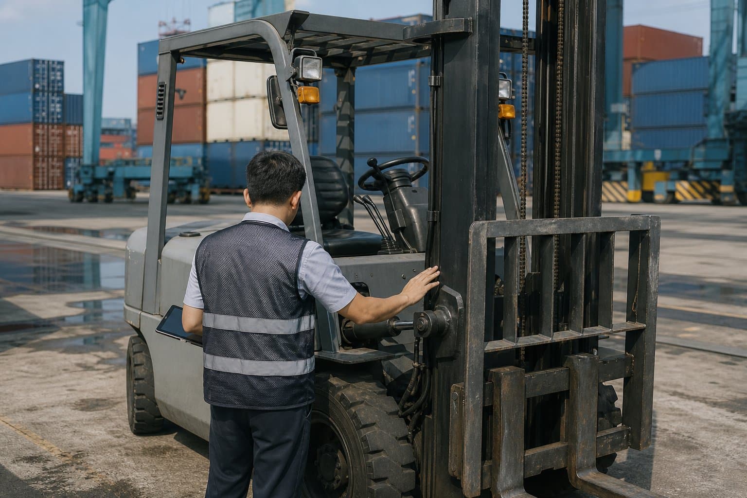 Đăng kiểm viên kiểm tra số khung xe nâng tại bãi cảng trước khi thông quan