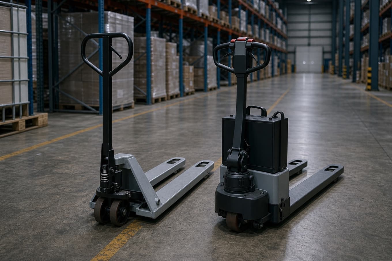 Xe nâng tay cơ đặt cạnh xe nâng tay bán tự động gắn mô-tơ điện trong kho hàng