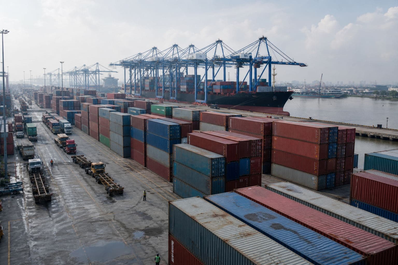 Bãi container nhìn từ trên cao, các dãy container xếp chồng chạy dài về phía con tàu đang cập cầu dưới dàn cẩu bờ, bên trái là làn xe đầu kéo và rơ moóc rỗng chờ ăn hàng