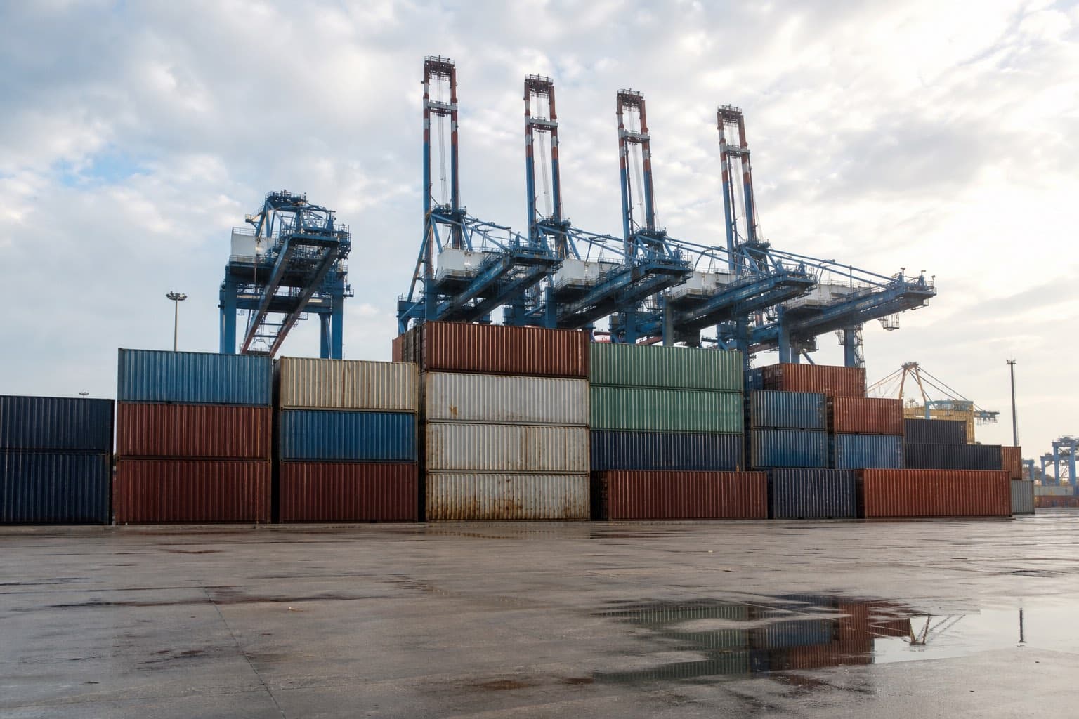 Container hàng xuất khẩu xếp tại bãi cảng chờ tàu đi châu Âu, cẩu bờ phía sau
