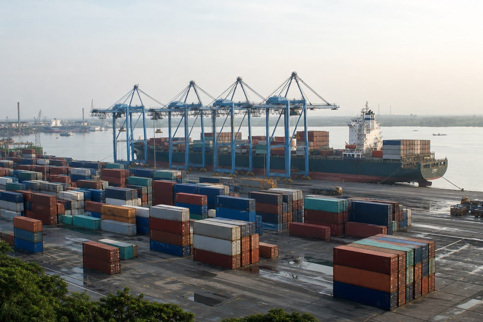 Tàu container và dàn cẩu tại cảng cửa ngõ Việt Nam, bãi container dày đặc hai chiều xuất nhập
